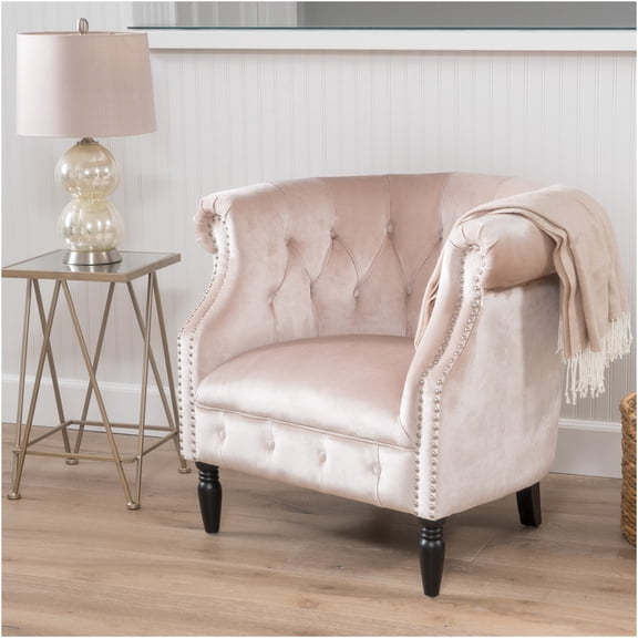 JERFIT Velvet Club Chair for Living Room, Button Tufted Accent Chair with Nailhead Trim and Wood Legs, Champagne Lounge Chair