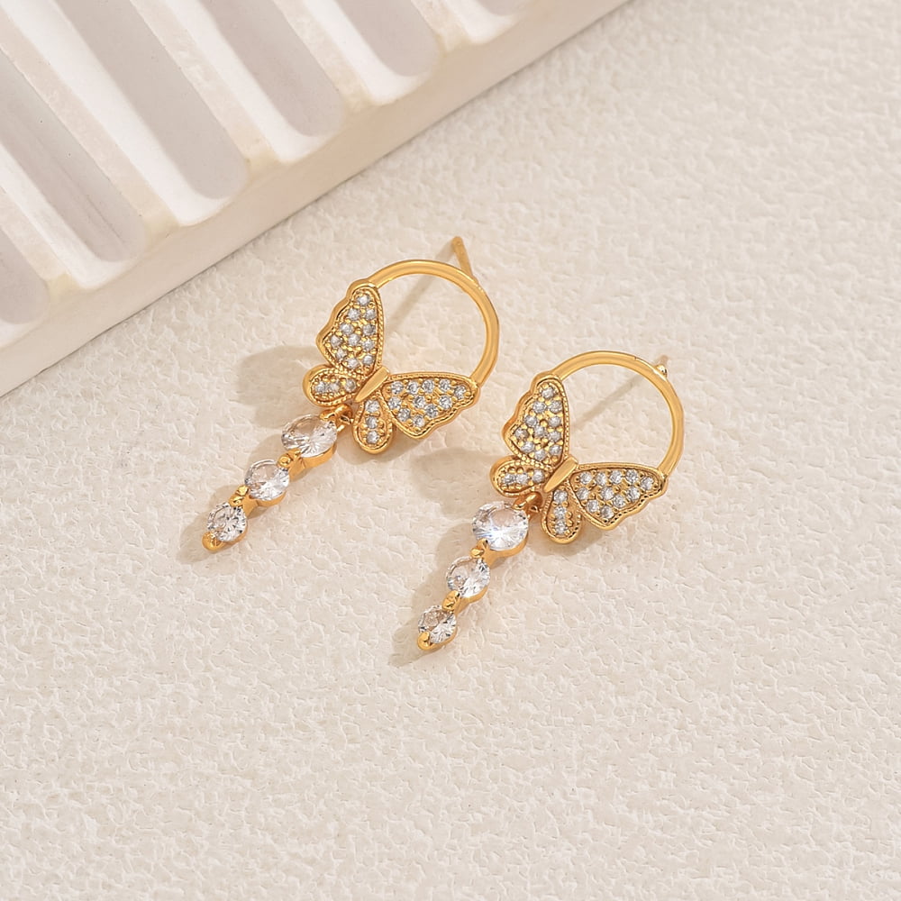 Elegant Butterfly Brass Pave Clear Cubic Zirconia Dangle Stud Earrings DIY Golden 34x15mm