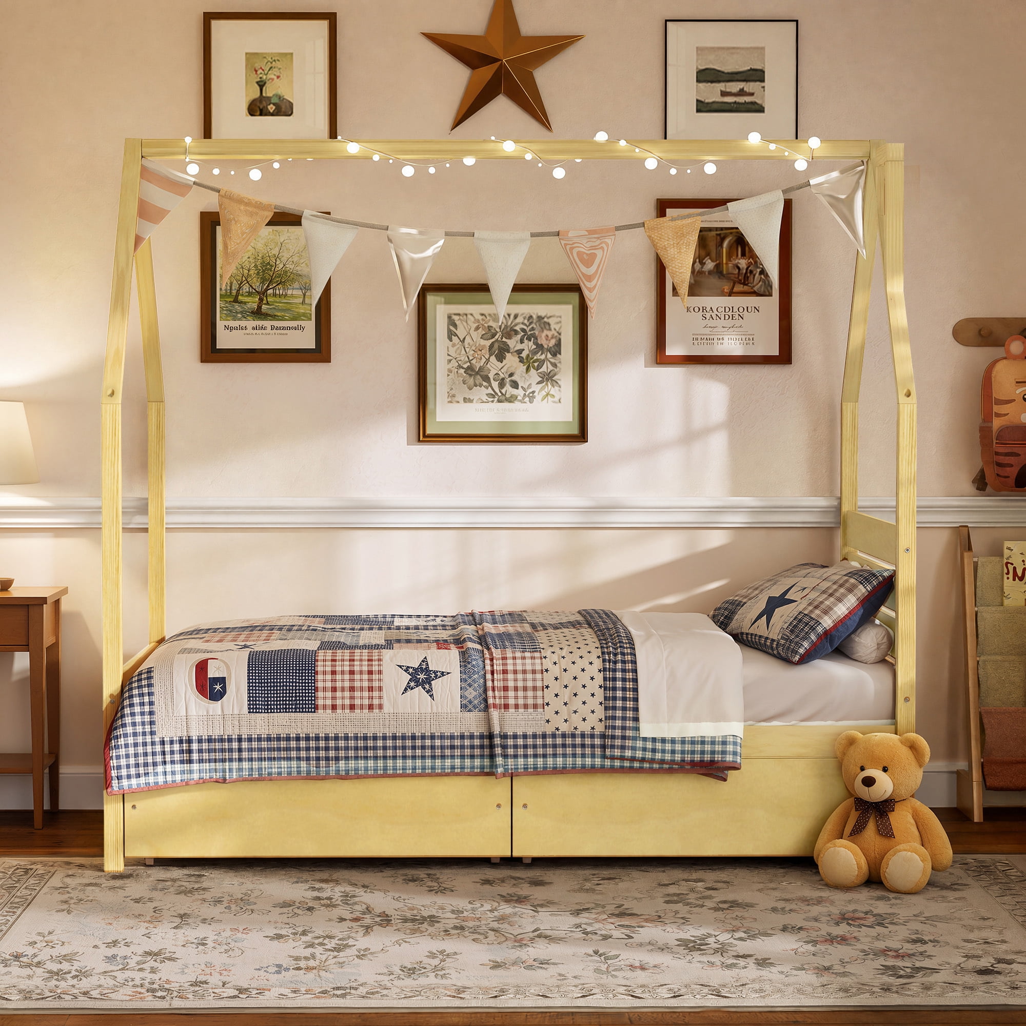 Euroco Wood Twin Size Platform Bed with Drawers, Montessori House Bed, Natural