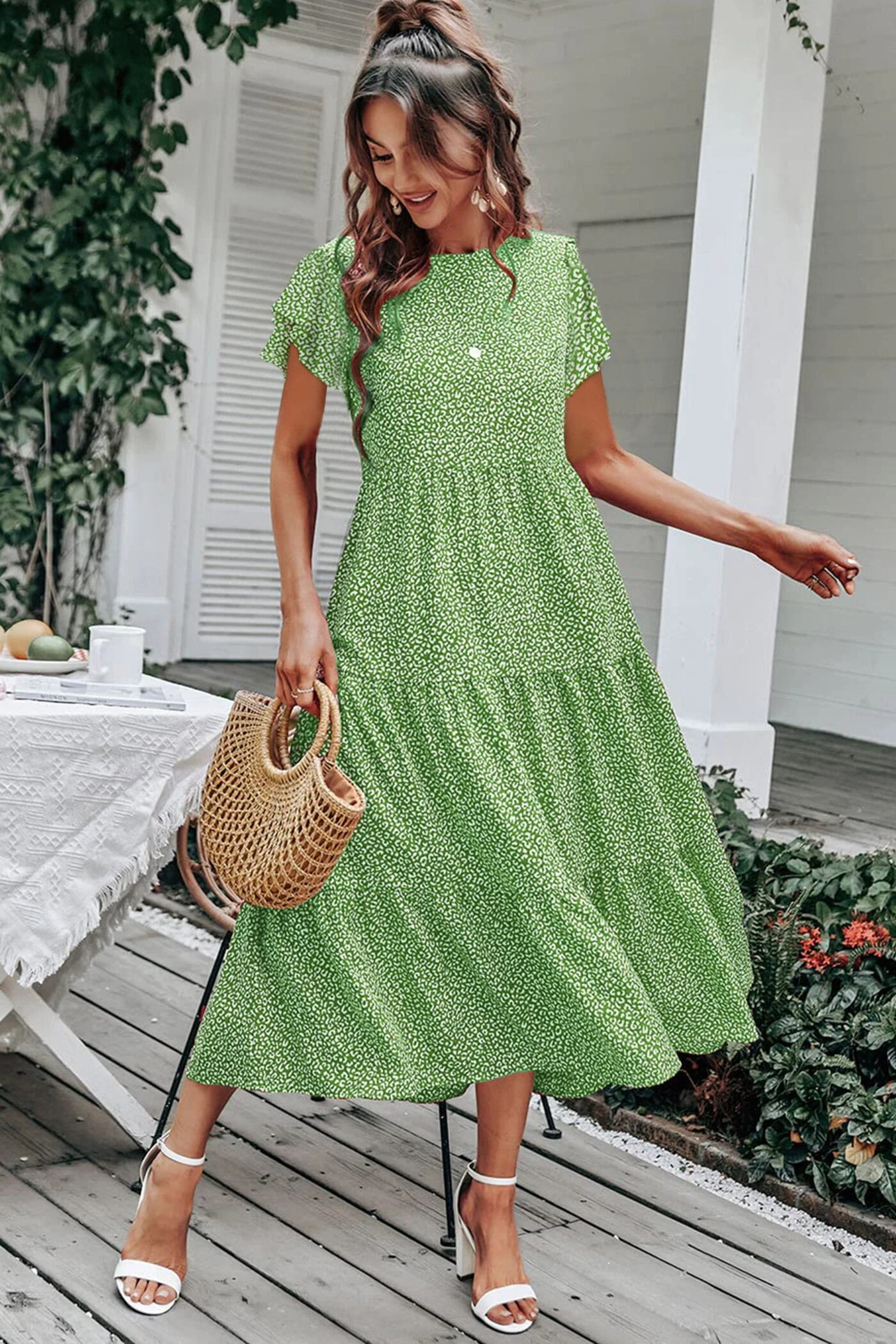 Fantaslook Dresses for Women Summer Casual Boho Dress Floral Print Ruffle Sleeve Midi Beach Dresses