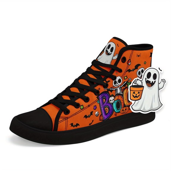 Coolcustomize Women's Halloween High Top Sneakers with Cute Charm, Orange Boo Skeleton Pumpkin Bat Design, Trick Treat Casual Skate Shoes, Ladies' Spooky Casual Boots, Trendy Halloween Shoes