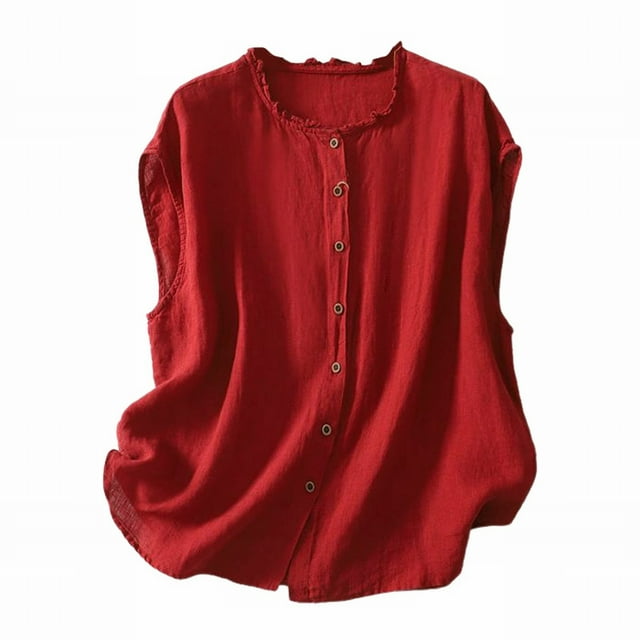 Débardeur Uni pour Femme, Chemise Boutonnée Sans Manches Oversize, Blouse Décontractée à Encolure Plissée, Haut d'Été à Coupe Ample Col Rond, Débardeur d'Été Oversize, Haut à Encolure Plissée Rouge m