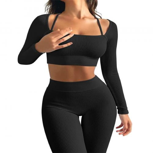 Women 2 Piece Workout Outfits Ribbed Long Sleeve Crop Top High Waist Yoga Leggings  Gym Sets Tracksuits 