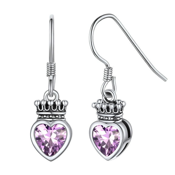 ChicSilver Princess Crown Heart Charm Dangle Earrings .925 Sterling Silver June Alexandrite Purple Birthstone Earrings for Her