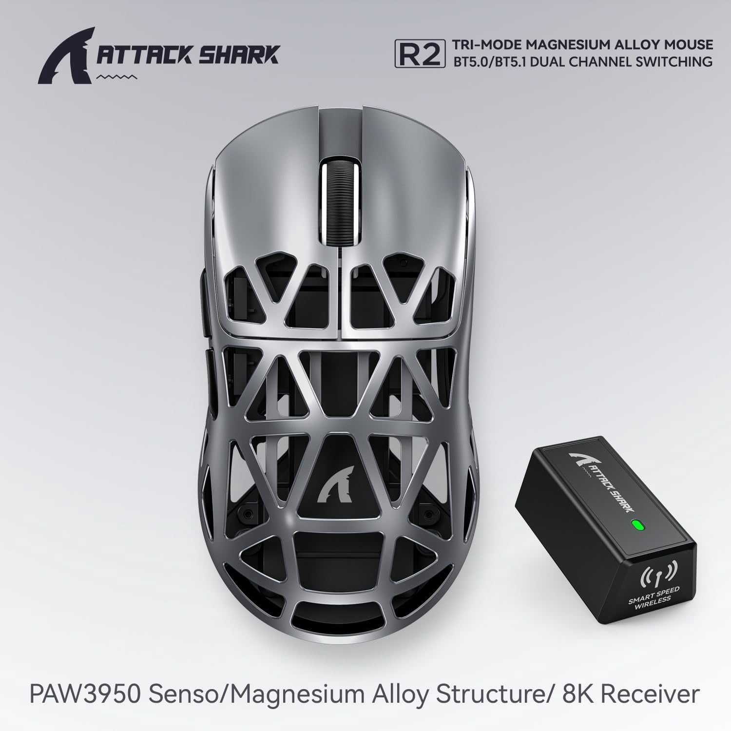 ATTACK SHARK R2 Wireless 8K Magnesium Alloy Mouse, PixArt PAW3950 Gaming Sensor, 48g SUPERLIGHT Mouse, BT/2.4G/Wired Gaming Mouse, Adjustable DPI 42000, Office Mice for Win11/Xbox/PS/Mac -Gray