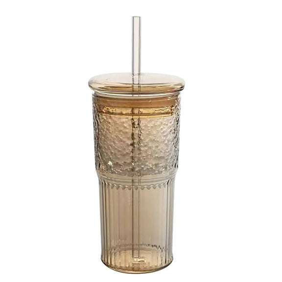 Glass Cups with Drinking Straw, Lids & Silicone Gasket, 100ML/350ML/600ML Durable Glass Cups Drinking Jar Iced Coffee Cups Vintage Ripple Glassware for Water Coffee Tea, 1Pc(Gold,2.7x2.7x7.1")
