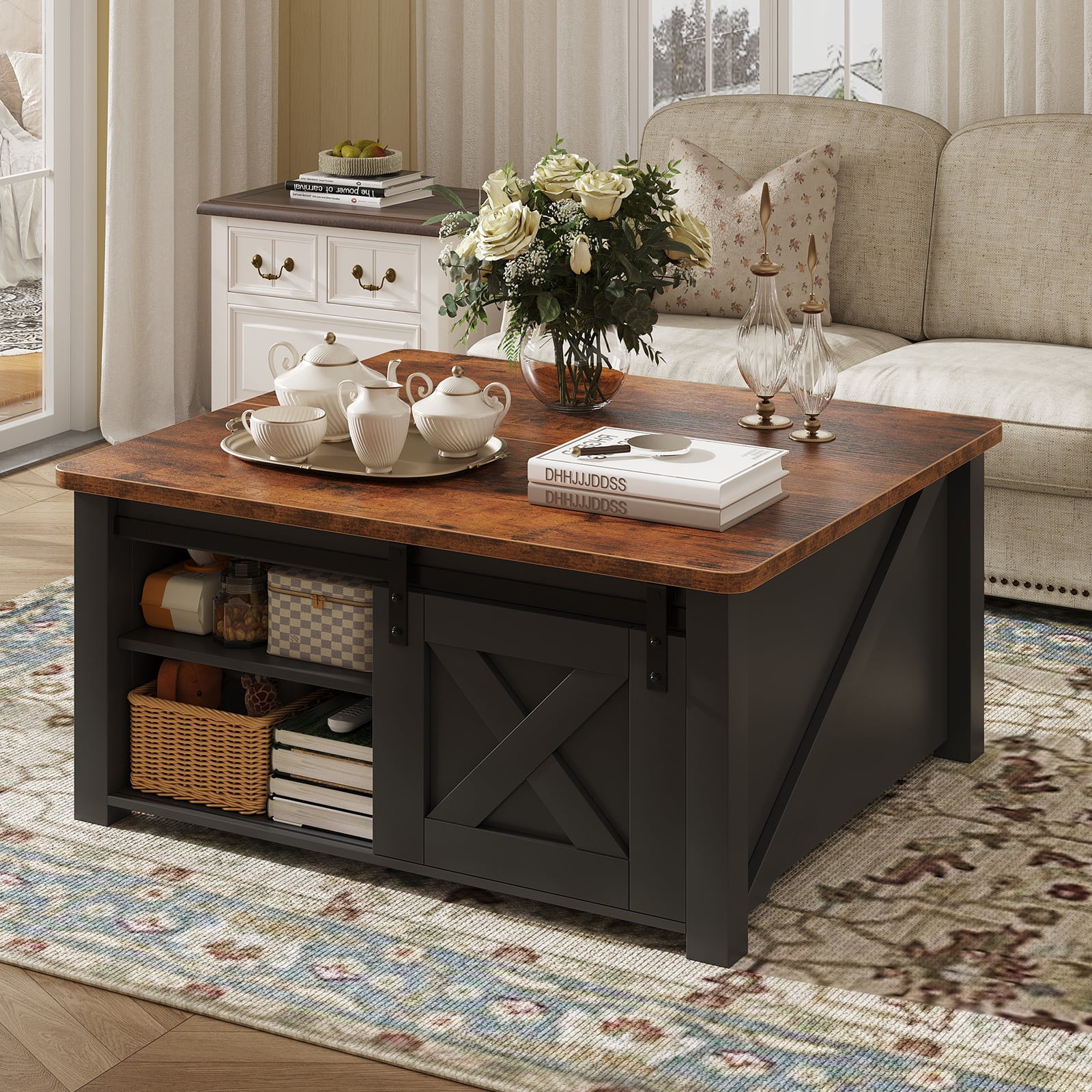 CONCETTA 31.5" Lift Top Coffee Table with Large Hidden Storage, Adjustable Shelves, Black