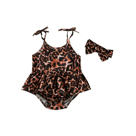 

EYIIYE Baby Girls Ruffle Off Shoulder Sleeveless Sling Romper Leopard Jumpsuit Headband Set