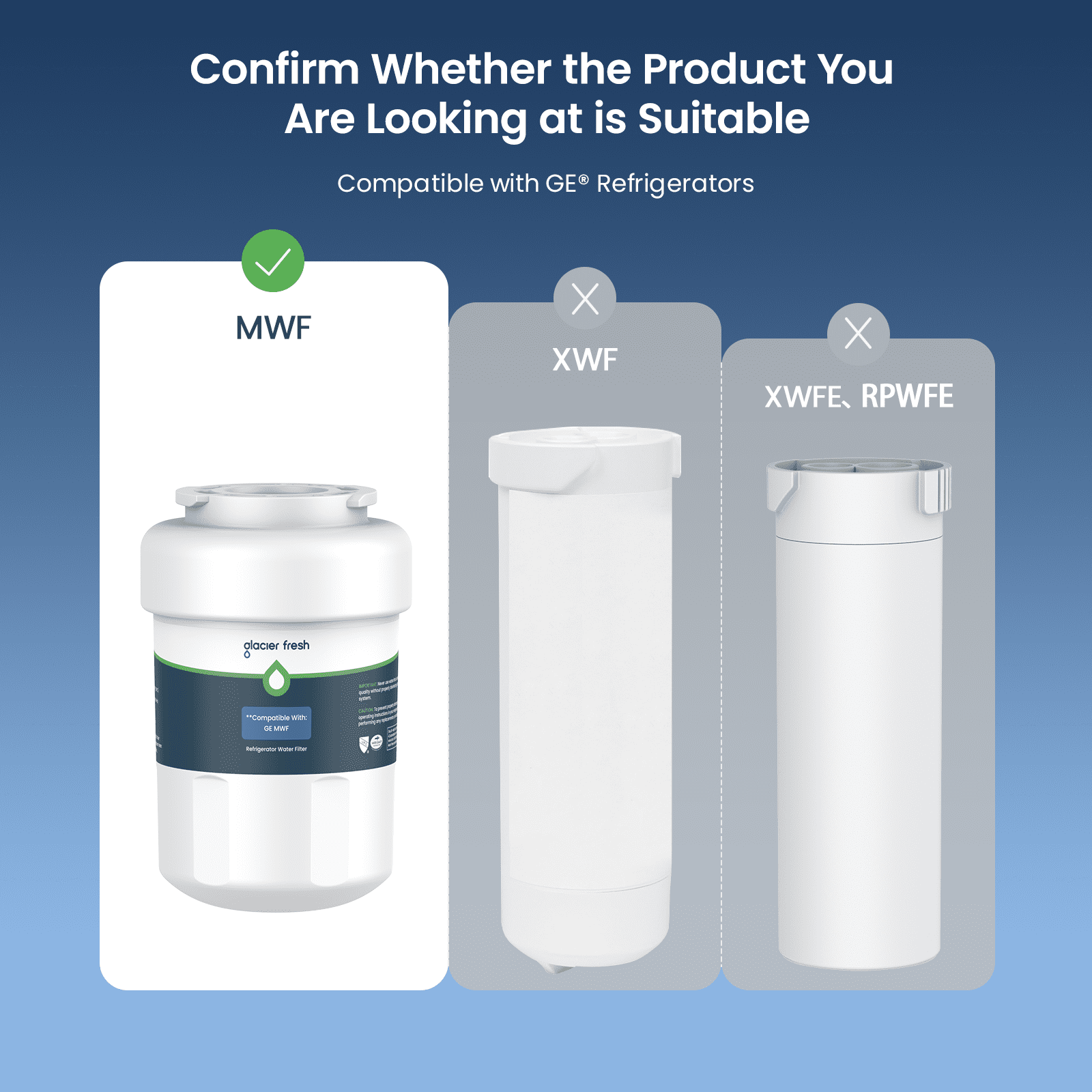 GLACIER FRESH MWF Refrigerator Water Filter Replacement, NSF/ANSI 53 & 372 Certified, Compatible with SmartWater MWFP, MWFA, GWF, HDX FMG-1, WFC1201, RWF1060, 2 Pack