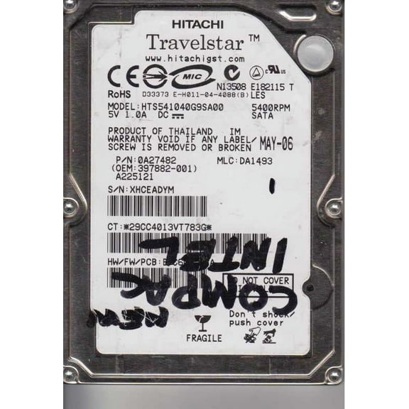 HTS541040G9SA00, PN 0A27482, MLC DA1493, Hitachi 40GB SATA 2.5 Hard Drive