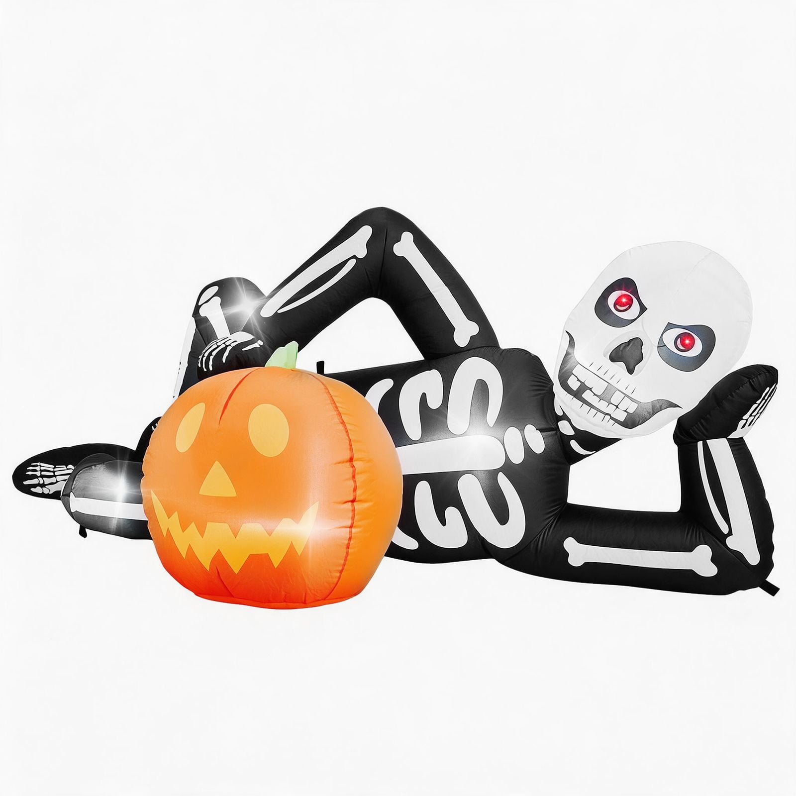 7FT Inflatable Lying Skeleton Halloween Decor with Built-in LED Lights Waterproof Polyester Blow Up Ornament for Lawn Yard Porch