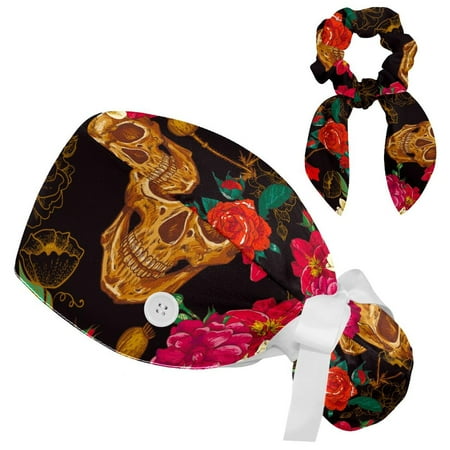 

Working Cap with Buttons and Sweatband Scrub Hat Bouffant Caps with Scrunchie Skull Tie Back Hats