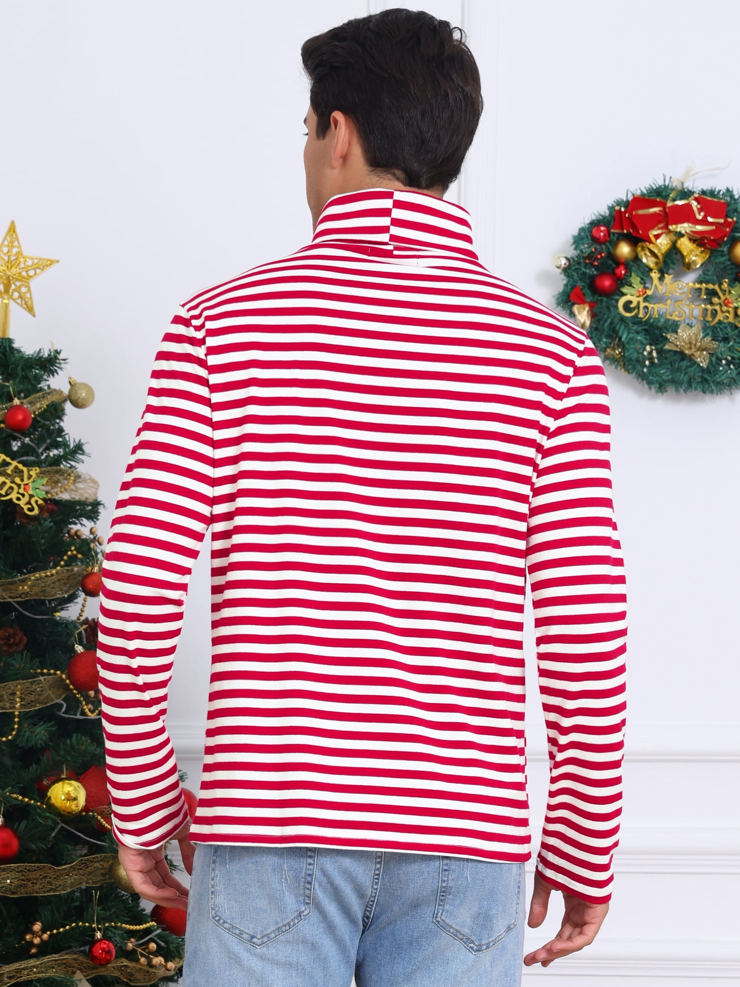 DARING DIVA Men's Striped Turtleneck Long Sleeves Pullover Stripes T-Shirt M Red White