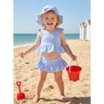thumbnail image 4 of BemeyourBBs Toddler Baby Girl Striped Swimsuit Infant Bathing Suit 3 Pieces Swimsuits Bow Tank Top with Ruffle Shorts Set Sun Hat Rash Guard Swimwear Summer Beach Wear, 4 of 9