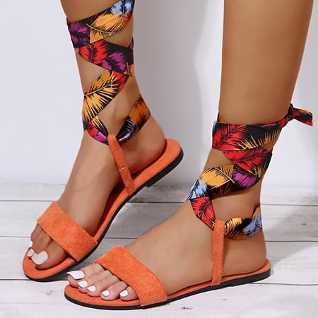 

Women s Fashion Summer Flat Satin Color Print Suede Lace-Up Sandals
