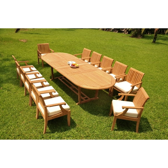 Grade-A Teak Dining Set: 12 Seater 13 Pc: 118" Double Extension Mas Oval Trestle Leg Table And 12 Lagos Arm Chairs Outdoor WholesaleTeak #WMLG25