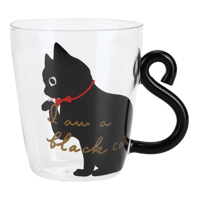 Taza de gato para café, leche, té, agua, botella para niños, transparente, resistente al calor, reutilizable (gato negro)