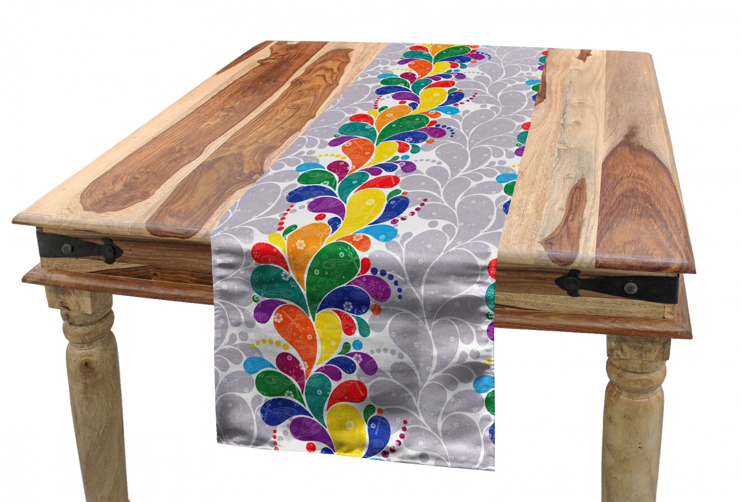 Colorful Table Runner, Modernistic Rainbow Colored Paisley Pattern