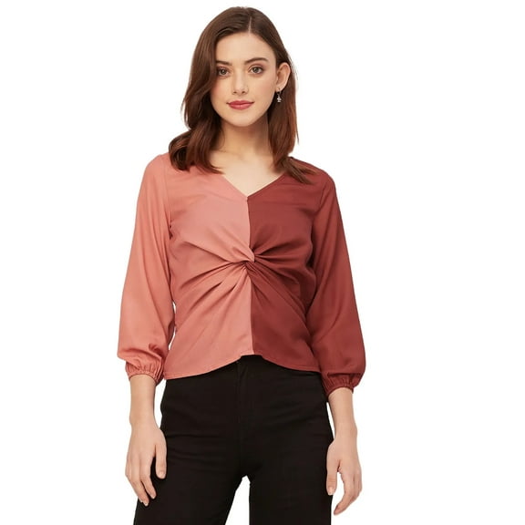 Moomaya 3/4 Sleeve V Neck Solid Georgette Top - Women's Elegant Georgette Top