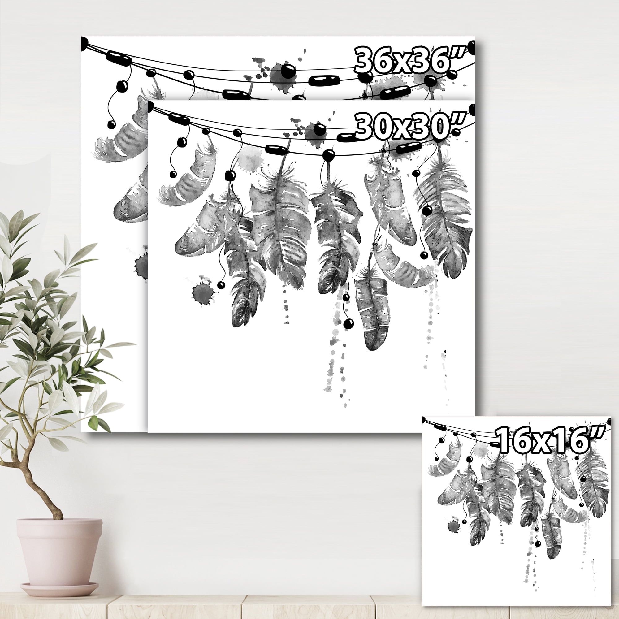 Hanging Monochrome Bird Feathers 30 in x 30 in Painting Canvas Art Print, by Designart