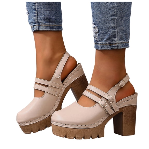 Rokment Womens Platform Chunky High Heels Mary Jane Mules Sandals Summer Fall Trendy Casual Buckles Leather Closed Toe Block Heeled Slingback Dressy Footwear with Back Straps Beige Size 6