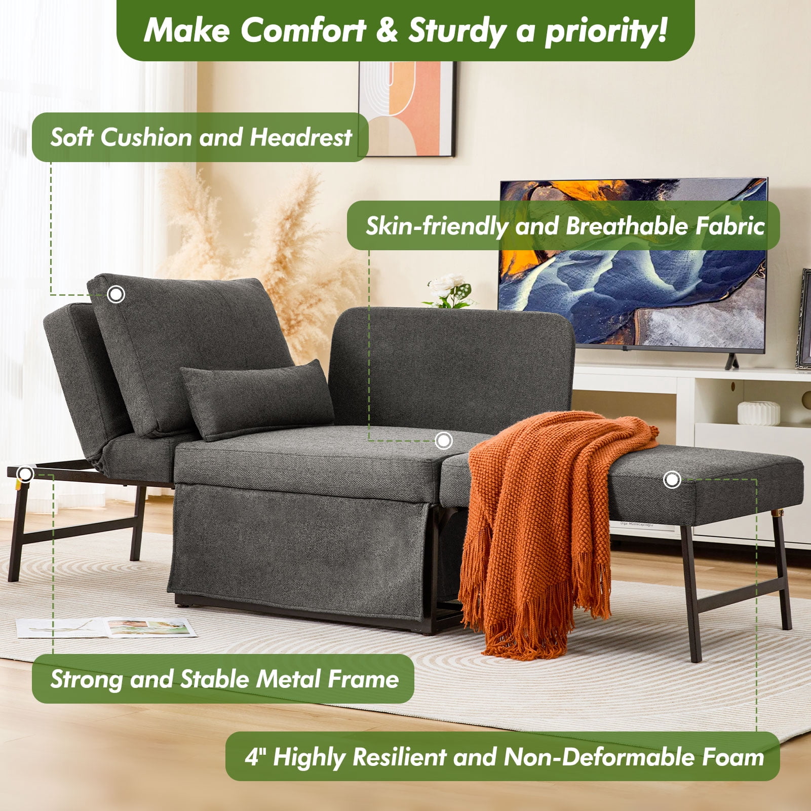 zzw 5-in-1 Convertible Sleeper Sofa Chair, Adjustable Linen Folding Ottoman Bed, Assembly-Free for Apartment Living Room