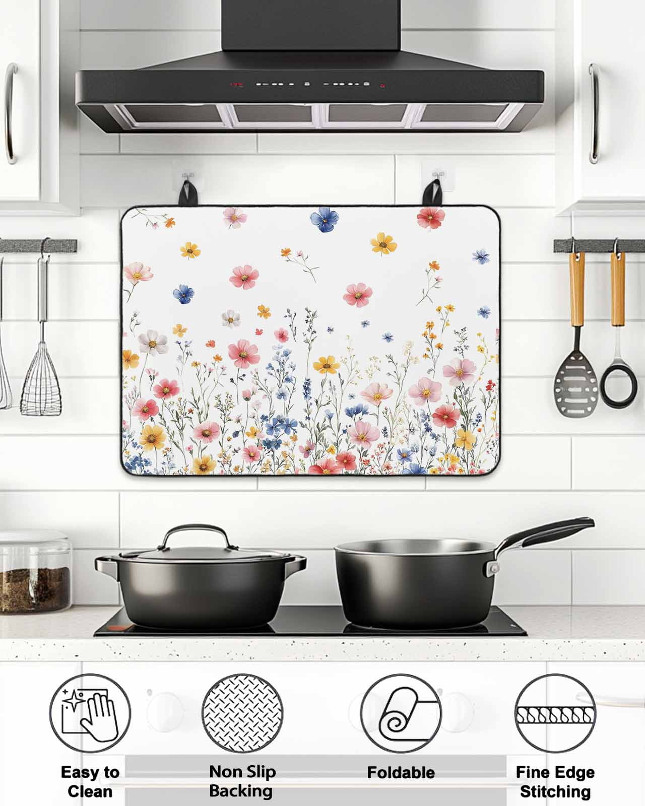 Stove Top Covers for Electric Stove, Blue Flowers Glass Stovetop Cover Protector, Pink Watercolor Botanical Garden Floral Induction Cooktop Protector Oven Mat for Kitchen Countertop 24"x21"