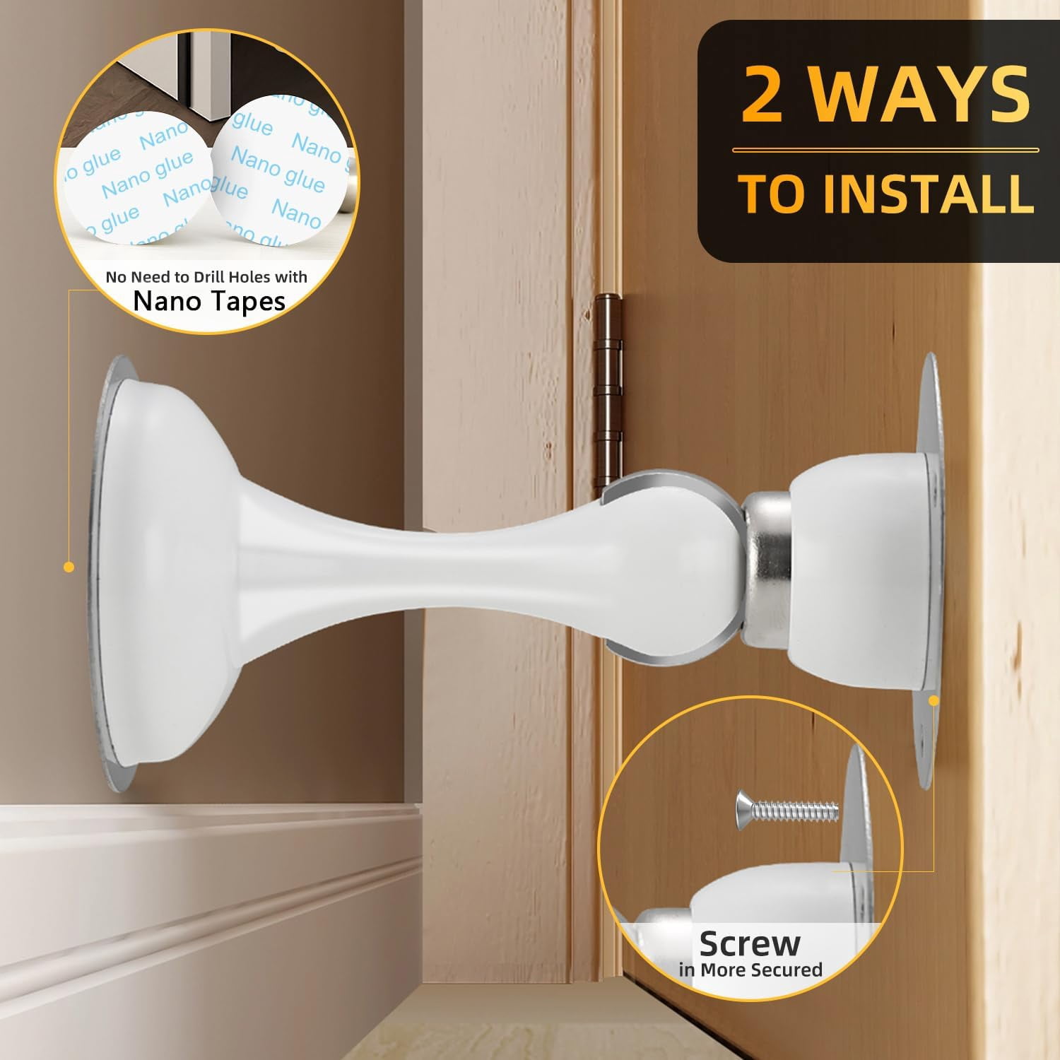JJEAN-6 Pack Magnetic Door Stop No Drilling Door Stop with 3D Adhesive Tapes Keep Door Open Door Stainless Steel Screws for Stronger Mount (White)