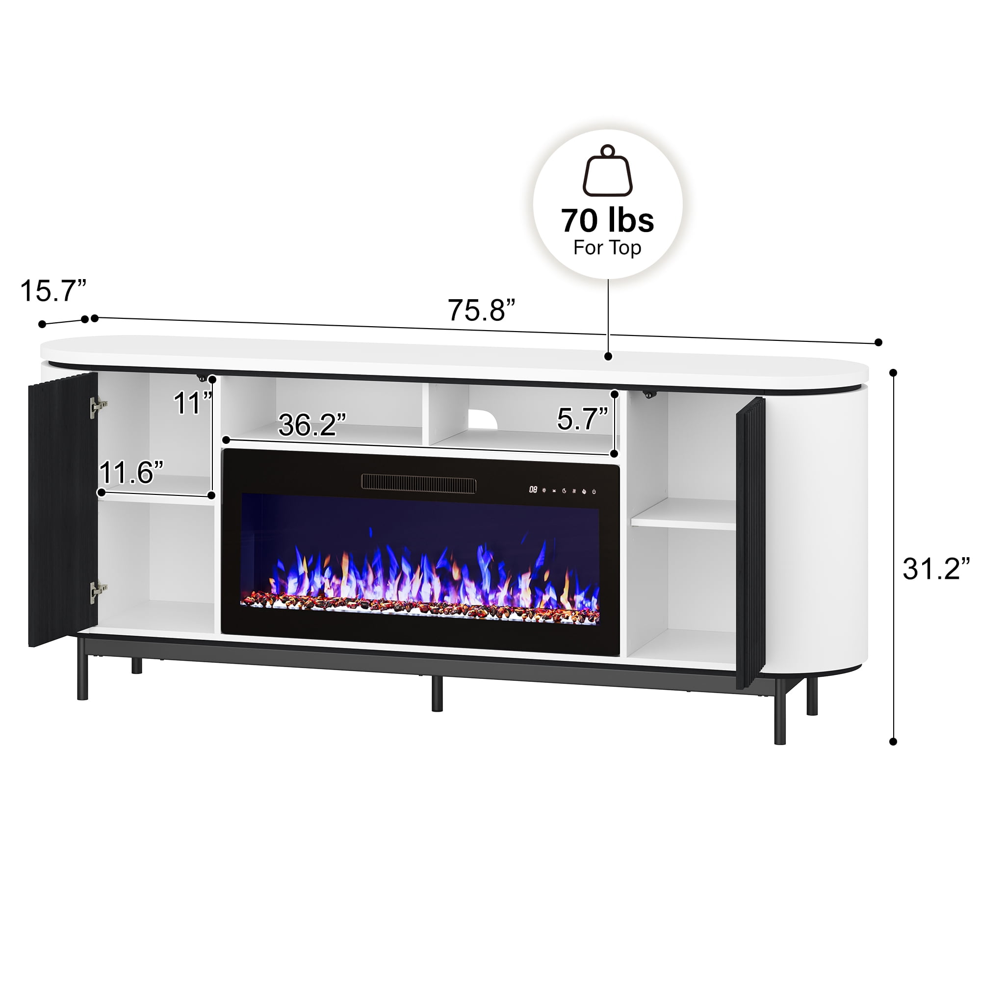 BELLEZE 76" Fluted TV Stand with 36" Electric Fireplace, Large Entertainment Center with Storage for TVs up to 80", Modern Media Console TV Cabinet for Living Room and Bedroom, White