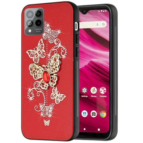 For Revvl 6 Pro 5G SPLENDID Diamond Glitter Ornaments Engraving Case Cover - Garden Butterflies Red