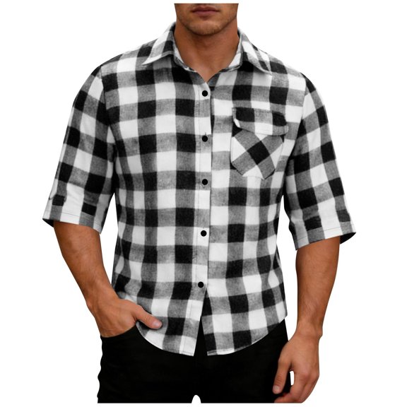 Lmueinov Mens Short Sleeve Button Down Shirts Plaid Business Casual 3/4 Length Sleeve Tops for Men Pocket Lightweight Summer Fall Daily Going Out Tops