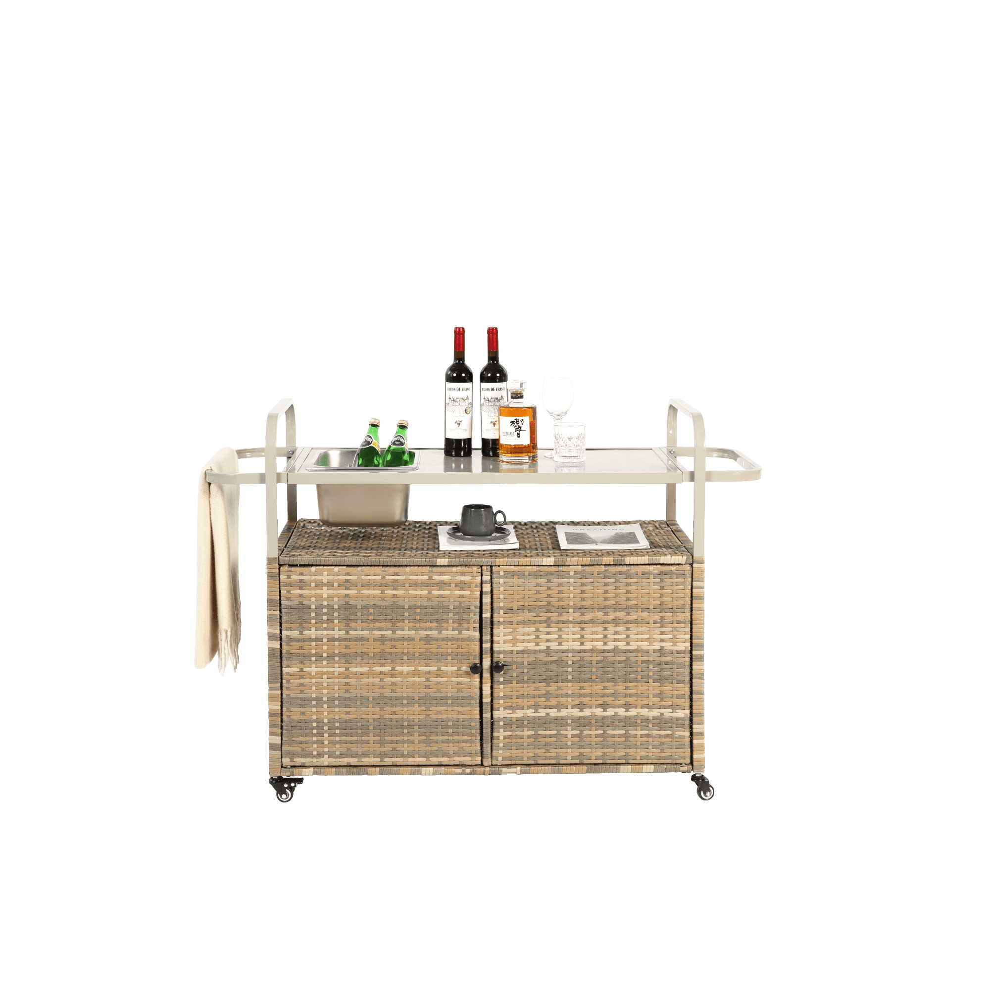 Outdoor Bar Cart,Wicker Bar Table Cart with Cabinet,Patio Serving Cart with Steel Top, Ice Bucket,Lockable Wheels, Side Basket for Garden, Poolside & Backyard,Beige