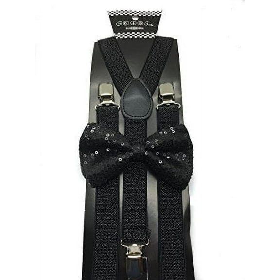 Black Color Mens & Women Wedding Accessories Sequin Adjustable Bow Tie & Glitter Suspenders