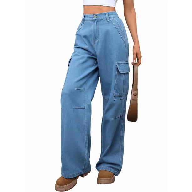 Pantalones Vaqueros Holgados para Mujer, Elásticos, Sueltos, de Cintura Alta y Pierna , Estilo Años 90, Y2K Azul Vaquero S