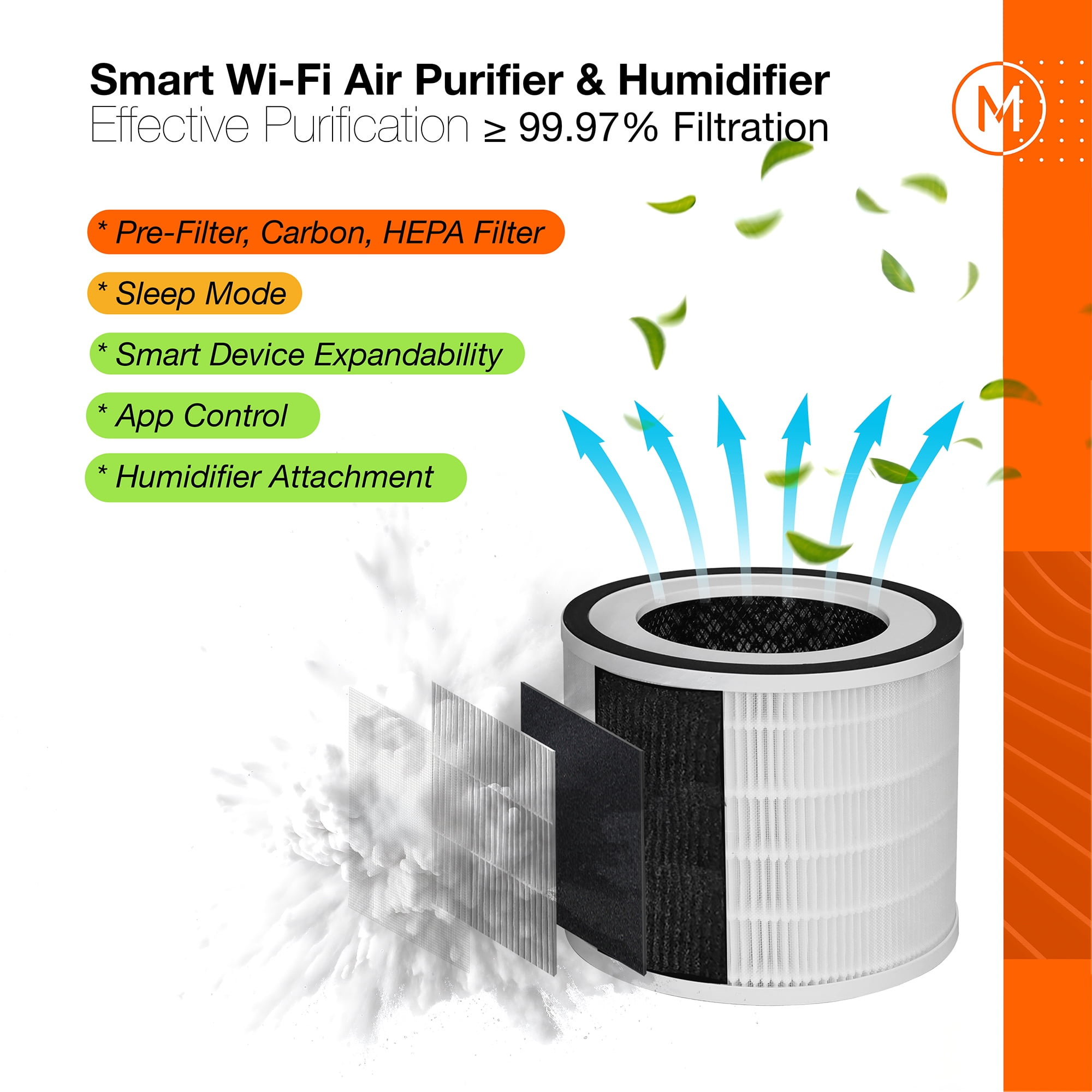 MOBI 4 in 1 Smart Wi-Fi Nursery Air Purifier & Humidifier with Removable Water Tank & Filter, 3 Stage HEPA Filtration System & Aromatherapy, Covers up to 550 ft2, Remove Dust Smoke Pollutants Odor