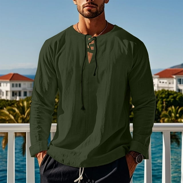 Blusas y camisas de manga larga con cuello en V para hombre, blusa informal de moda lisa con tirantes sueltos, blusa de manga larga con cuello en V, blusa de poliéster para hombre