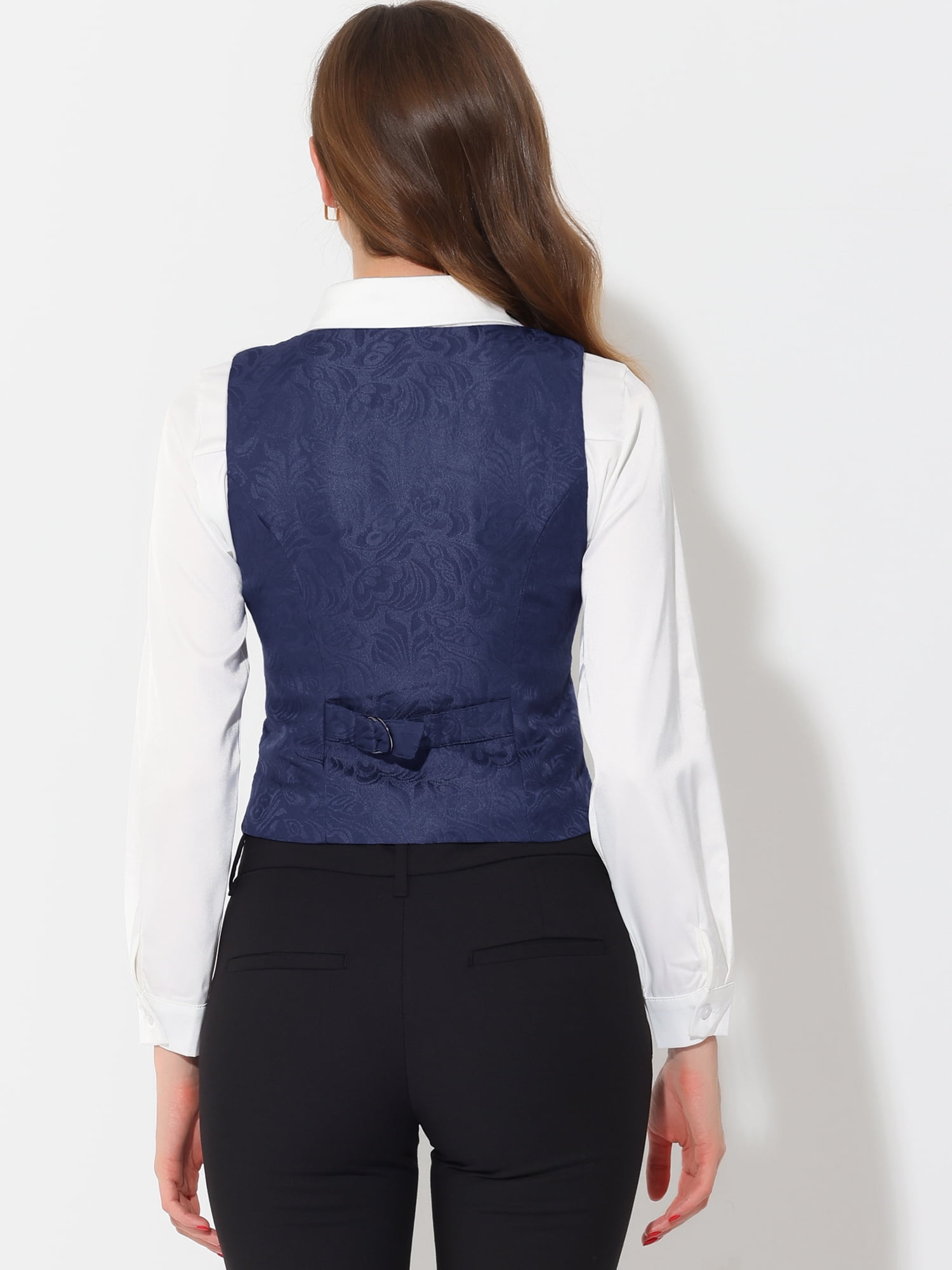 DARING DIVA Women's Button Up Steampunk Jacquard Sleeveless Suit Vest L Dark Blue