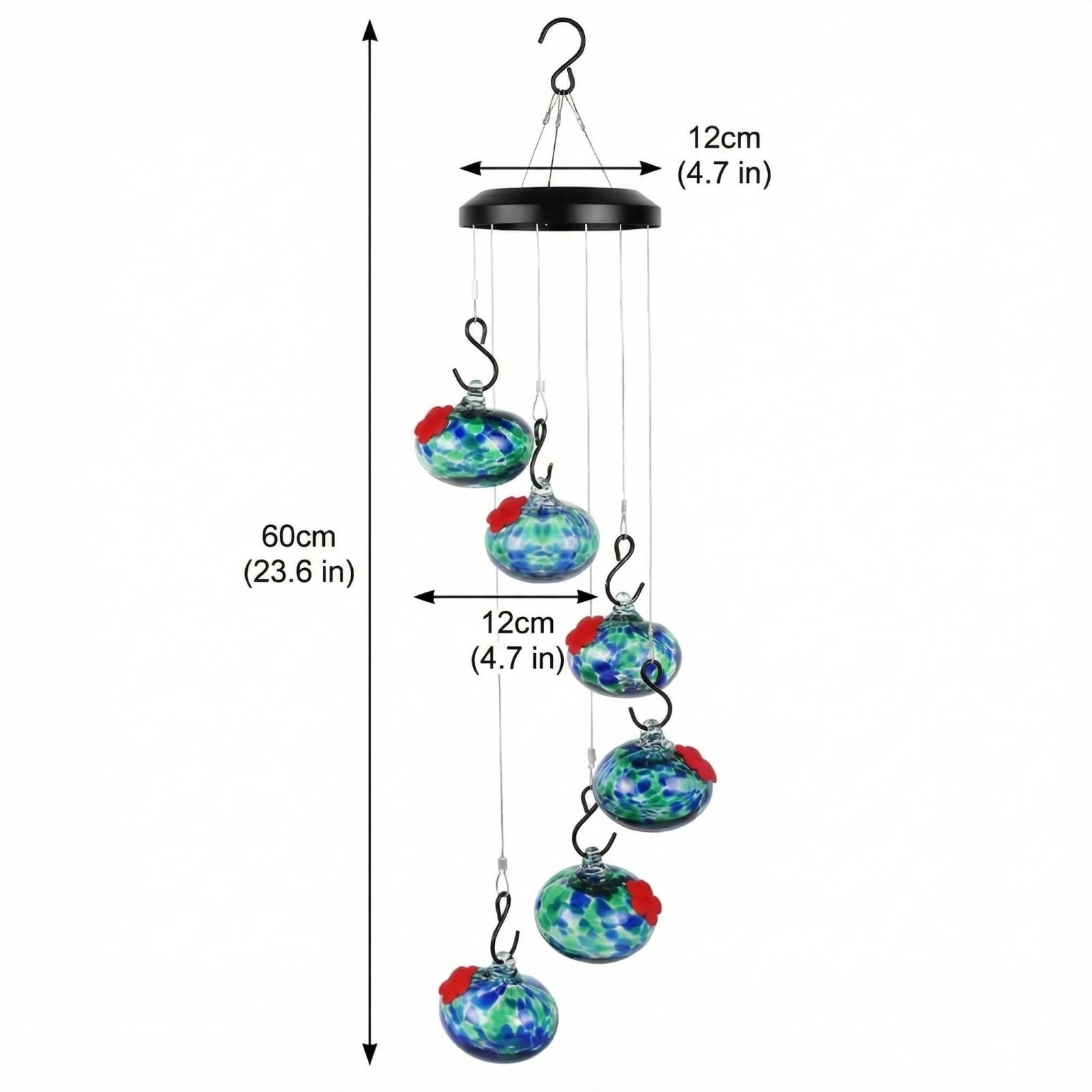 Handblown Glass Hummingbird Feeder Wind Chime with 6 Feeding Stations, Solar Powered Outdoor Hanging Bird Feeder for Garden Yard Decor, Vibrant Leak-Proof Hummingbird Habitat