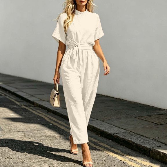 Women's Short Sleeve Casual Jumpsuit with Elastic Waist Pockets Summer Lightweight Solid Color Crew Neck Straight Leg One Piece Romper