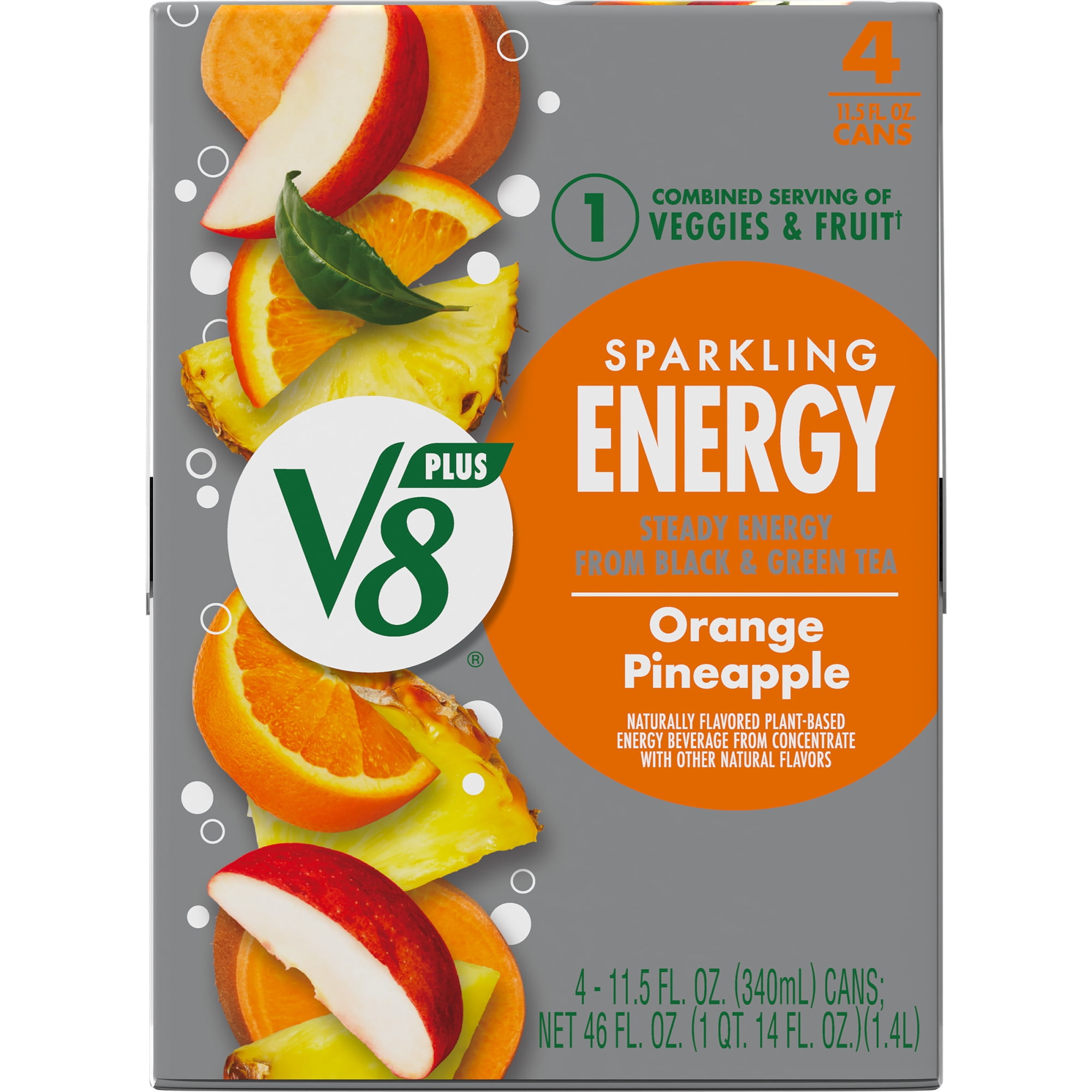 V8 +Energy Sparkling Orange Pineapple Juice Energy Drink, 11.5 fl oz Can, 4 Count