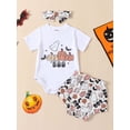 thumbnail image 2 of LMLYSoH Infant Baby Halloween Jumpsuit Outfits PumpkinGhost Print Short Sleeve Romper + Shorts+ Bow Headband, 2 of 9
