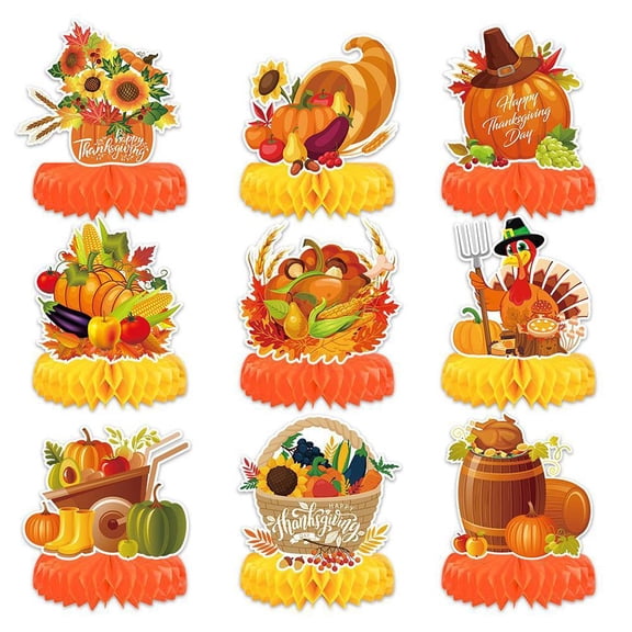 9 Pcs Fall Party Decorations, Thanksgiving Table Decorations Honeycomb Centerpieces 3D Double Side Fall Festival Decor Turkey Pumpkin Table Toppers for Friendsgiving Family Party Favors