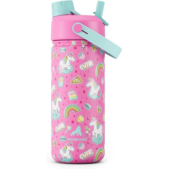 18 oz Kids Water Bottle for School: Leakproof, 2-in-1 Straw Spout Lid, BPA-Free, Easy Carry, Keep Cold 24H, Insulated Stainless Steel Cup for Backpack, Sports, Camping, Trip, Gift (Cute Unicorn)