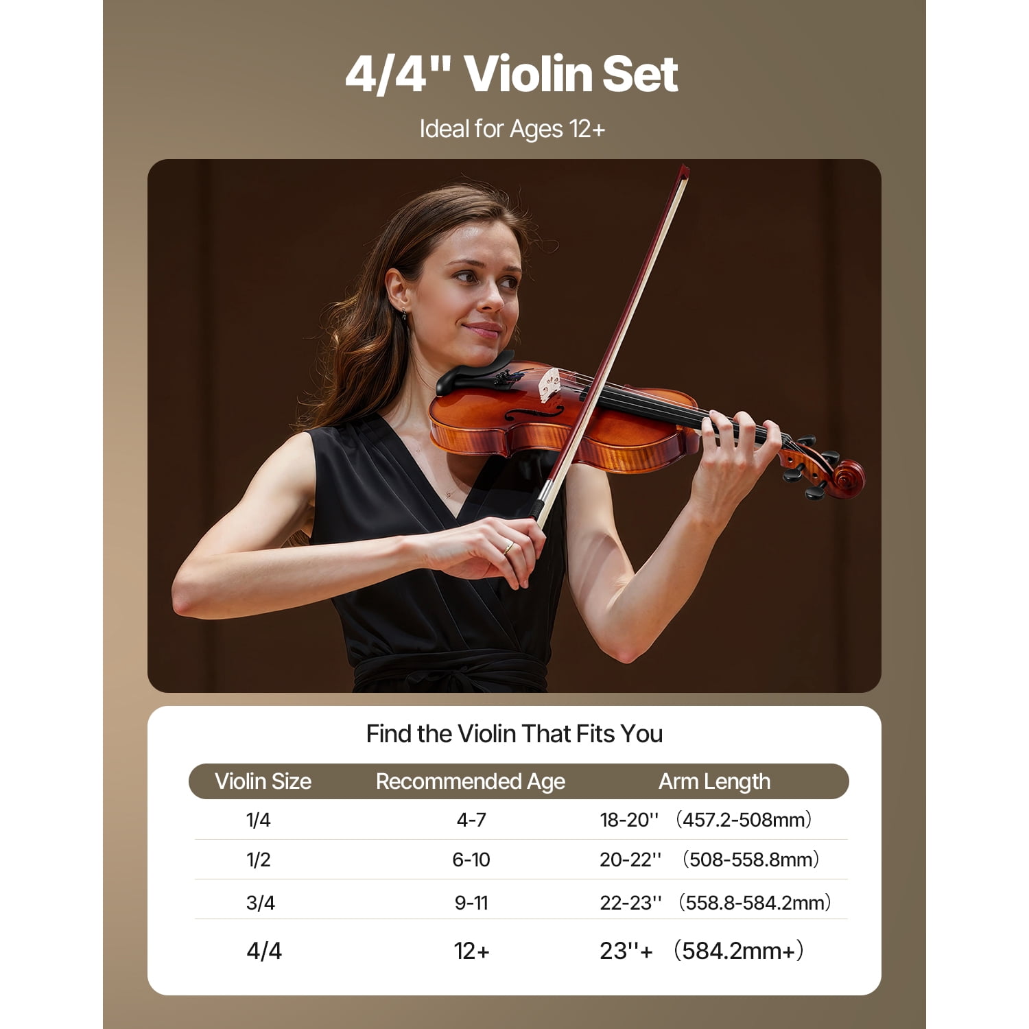 KFFKFF 4/4 Full-Size Violin for Adults, Complete Beginner Set with Case, Rosin, Bow, Shoulder Rest, Bridge, and Extra Strings, Solid Wood Instrument with Glossy Brown Finish