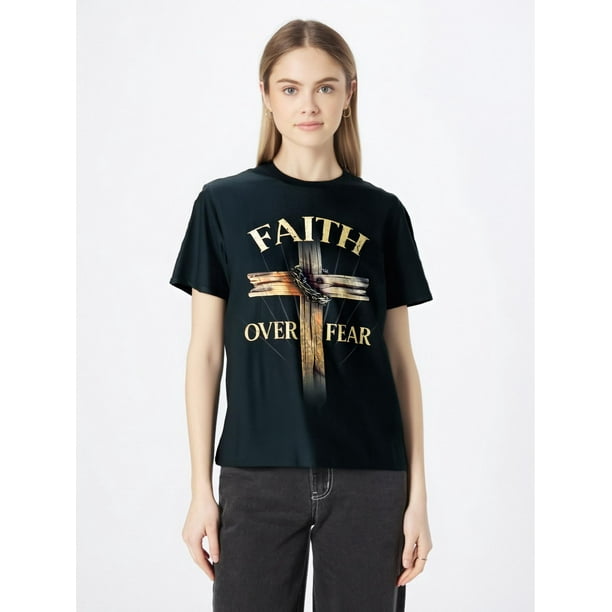 Camiseta básica de verano para mujerFaith Over Fear Christian Cross Religious For Men Women T-ShirtFather's Day, Mother's Day, New Year,Camisetas de verano para mujer, manga corta, cuello redondo, c