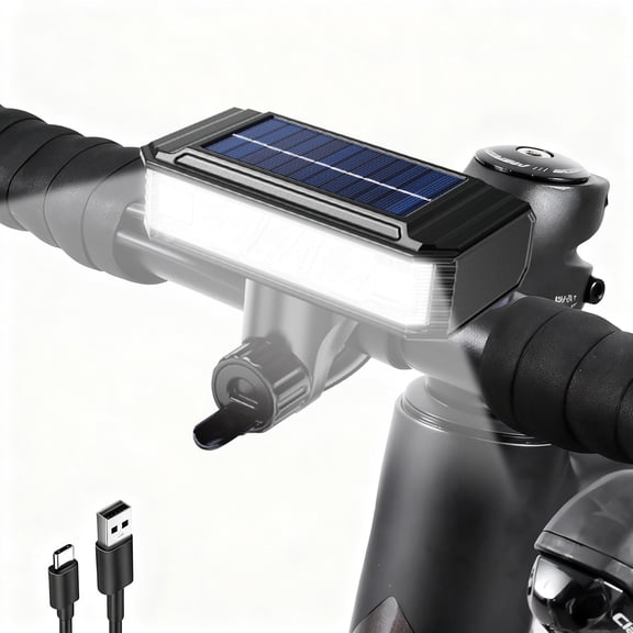 Bike Lights, Solar Bicycle Light with Horn, USB Rechargeable Bike Headlight for Night Riding, Waterproof Bike Front Lights for Men Women Road Mountain Cycling Black