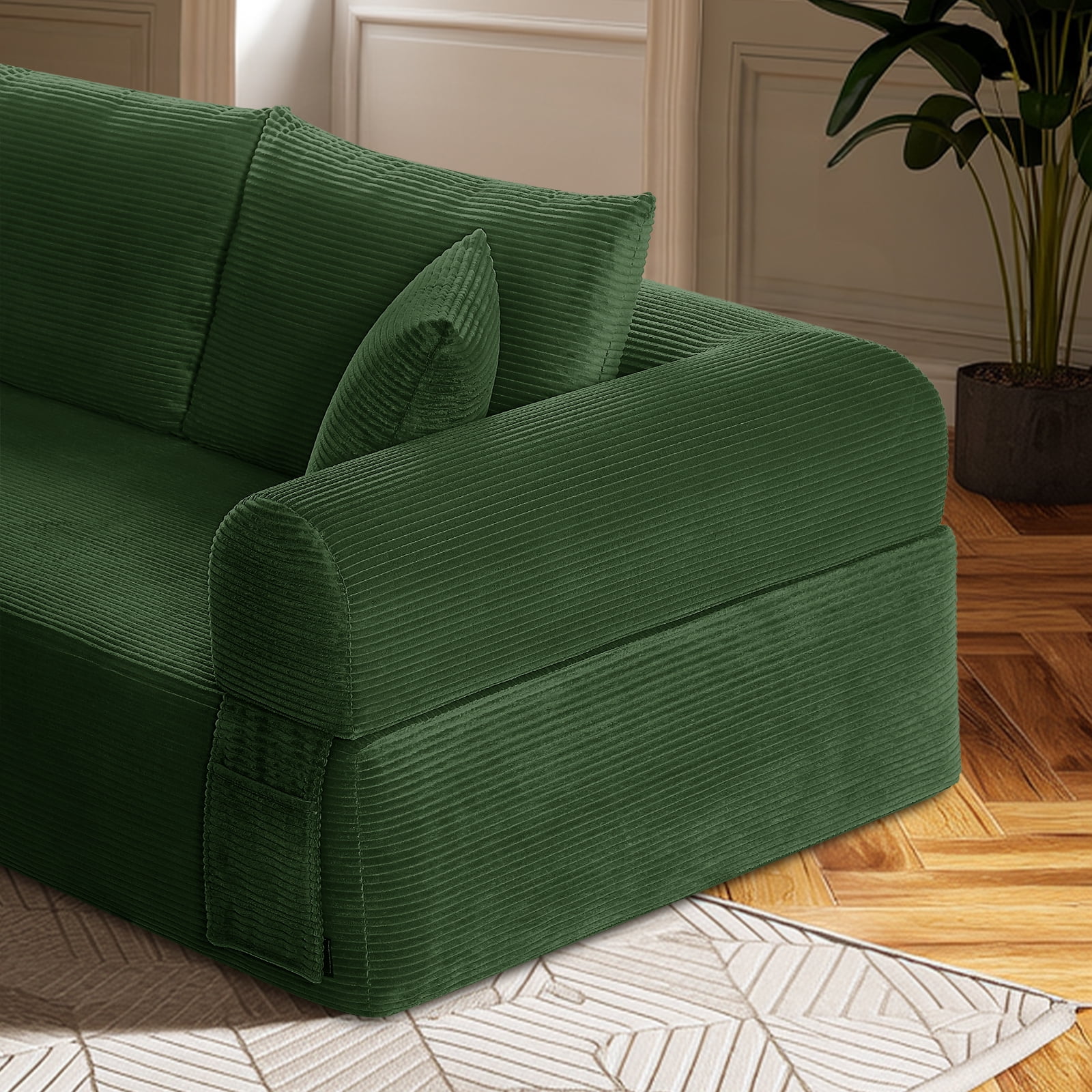 83" Seater Sofa Bed Couch with 4 Furry Pillows & Corduroy Fabric, No Assembly Sofa in a Box, Boneless Couch with Side Storage Pockets for Living Room, Bedroom, Office