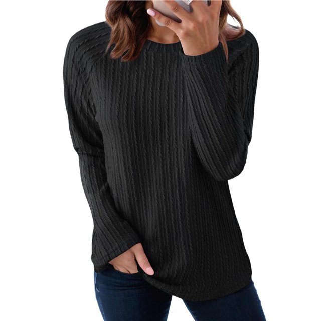 Camisetas de Larga para Mujer, Ropa de Moda de Otoño, Tops Modernos, Camiseta Básica de Punto con Cuello Redondo Negro L