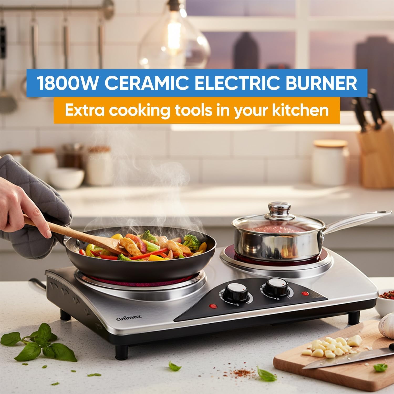 Electric Double Hot Plate, Portable Ceramic Cooktop with Dual Control, 1800W High Power for All Cookware, Silver