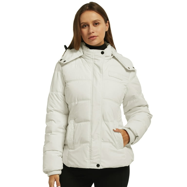 Wantdo Women\'s Puffy Coat Thicken Recycled Fleece Jacket Puffer Jacket with  Removable Hood Beige L